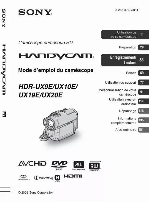 Mode d'emploi SONY HDR-UX10E