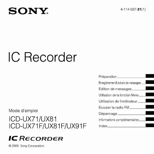 Mode d'emploi SONY ICD-UX91