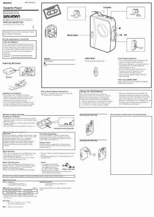 Mode d'emploi SONY WM-EX162