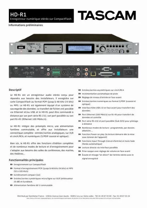 Mode d'emploi TASCAM HD-R1