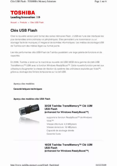 Mode d'emploi TOSHIBA TRANSMEMORY U2M FLASH 16 GB