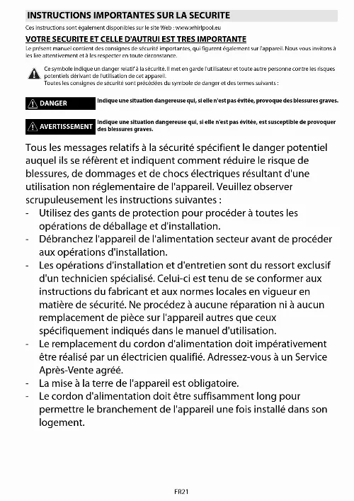 Mode d'emploi WHIRLPOOL AKZ483WH