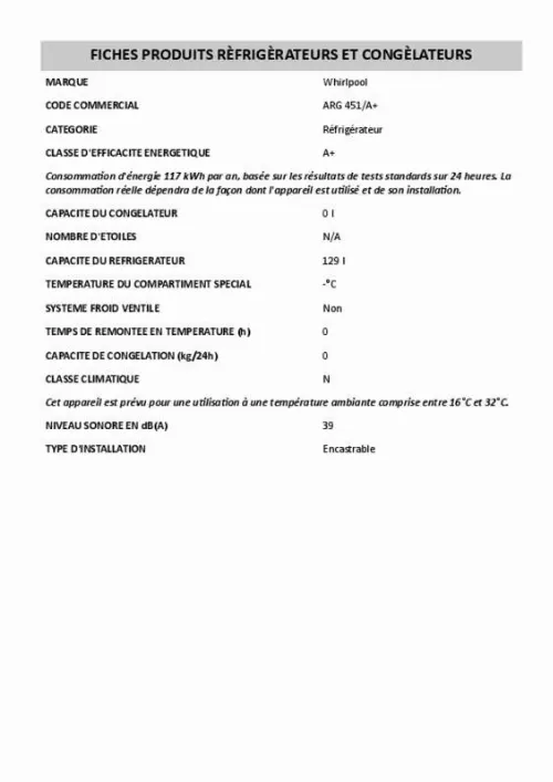 Mode d'emploi WHIRLPOOL ARG451