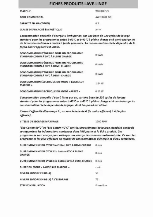 Mode d'emploi WHIRLPOOL AWE8781GG & AWE 8781 GG