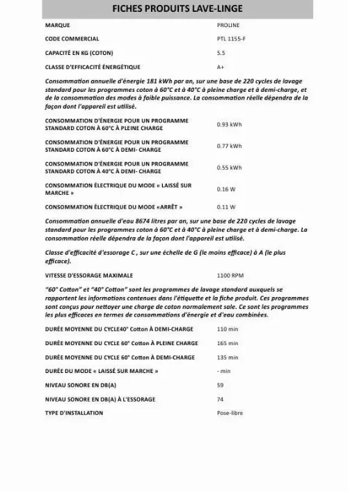 Mode d'emploi WHIRLPOOL PTL 1155-F