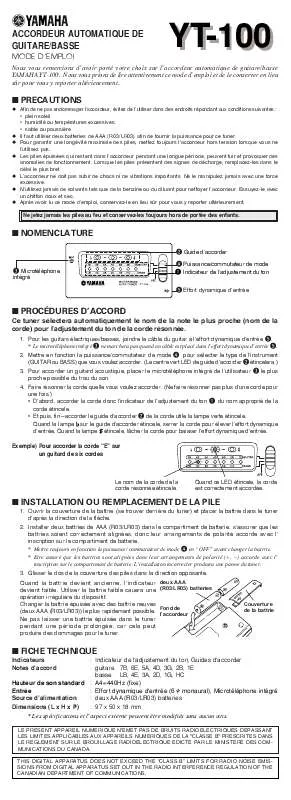 Mode d'emploi YAMAHA YT100