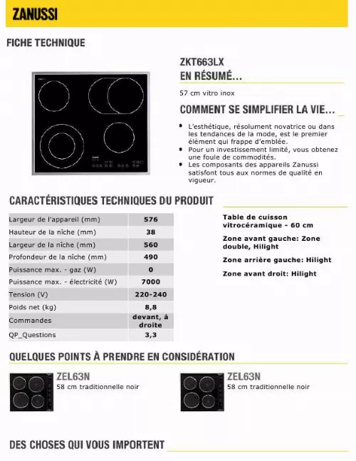 Mode d'emploi ZANUSSI ZKT663LX