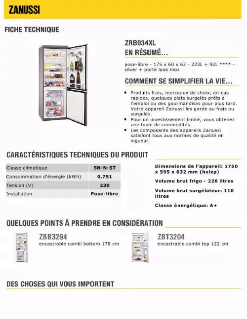 Mode d'emploi ZANUSSI ZRB934XL