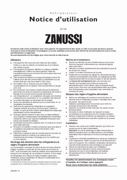Mode d'emploi ZANUSSI ZT140
